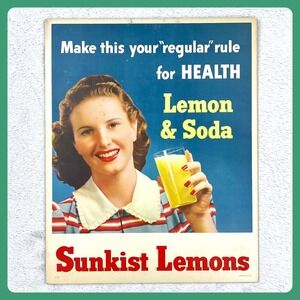 1950s Sunkist Lemons Soda‎ Vintage Advertising Sign 21" Cardboard Litho Display